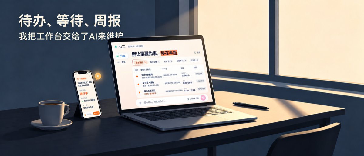 窗边桌面上的小二工作台，画面写有待办、等待、周报